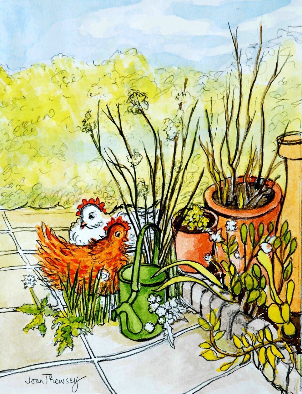 Hens and Pots, Lucy Redman Open Garden, 2000, (blyant med akvarellvask) av Joan Thewsey