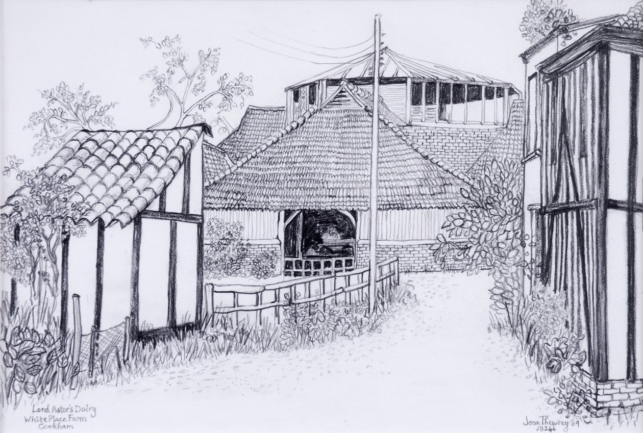 Lord Astors Dairy, White Place Farm, Cookham 2012, blyant av Joan Thewsey