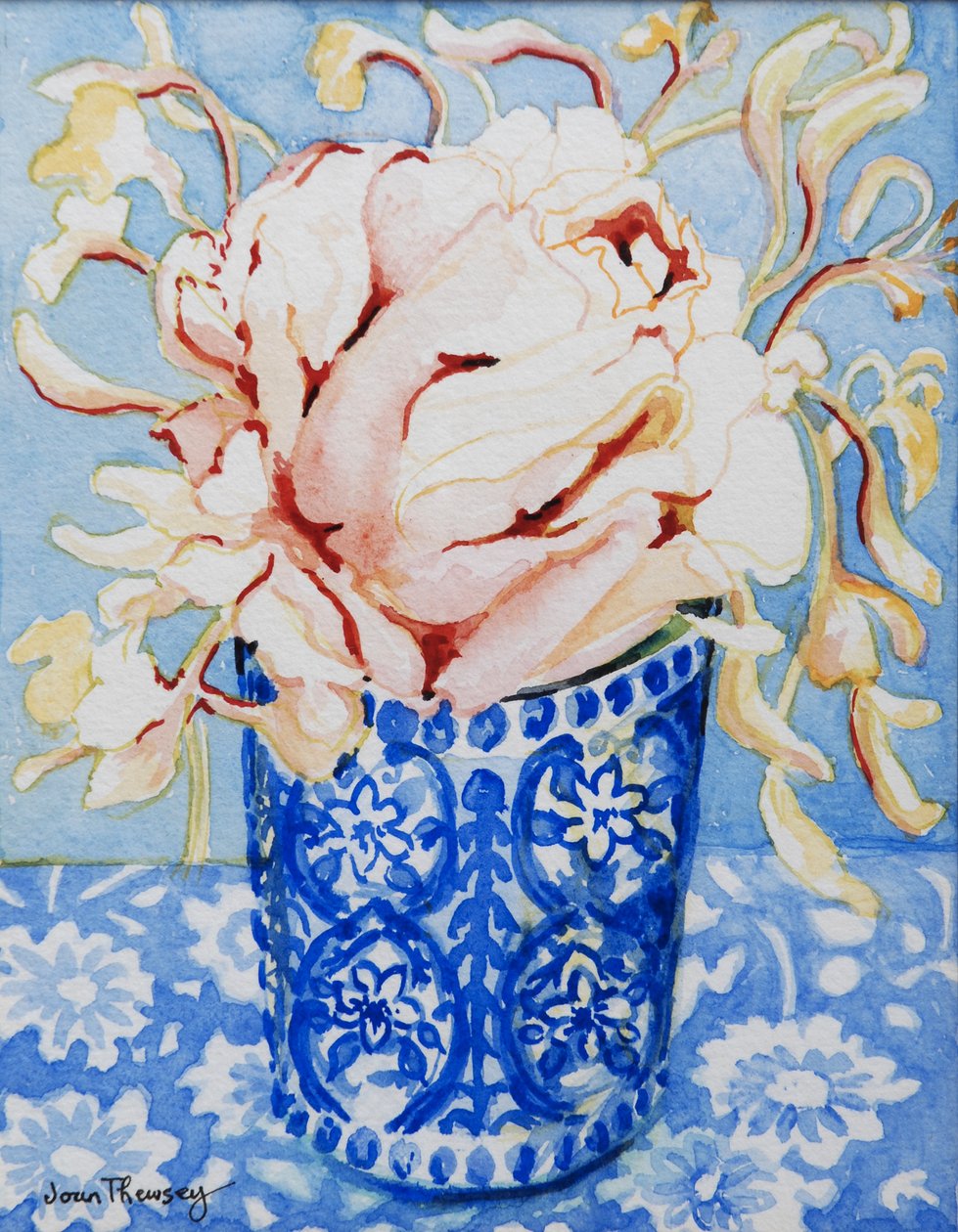 Pink Rose and Honeysuckle, 2000, (wc på håndlaget papir) av Joan Thewsey