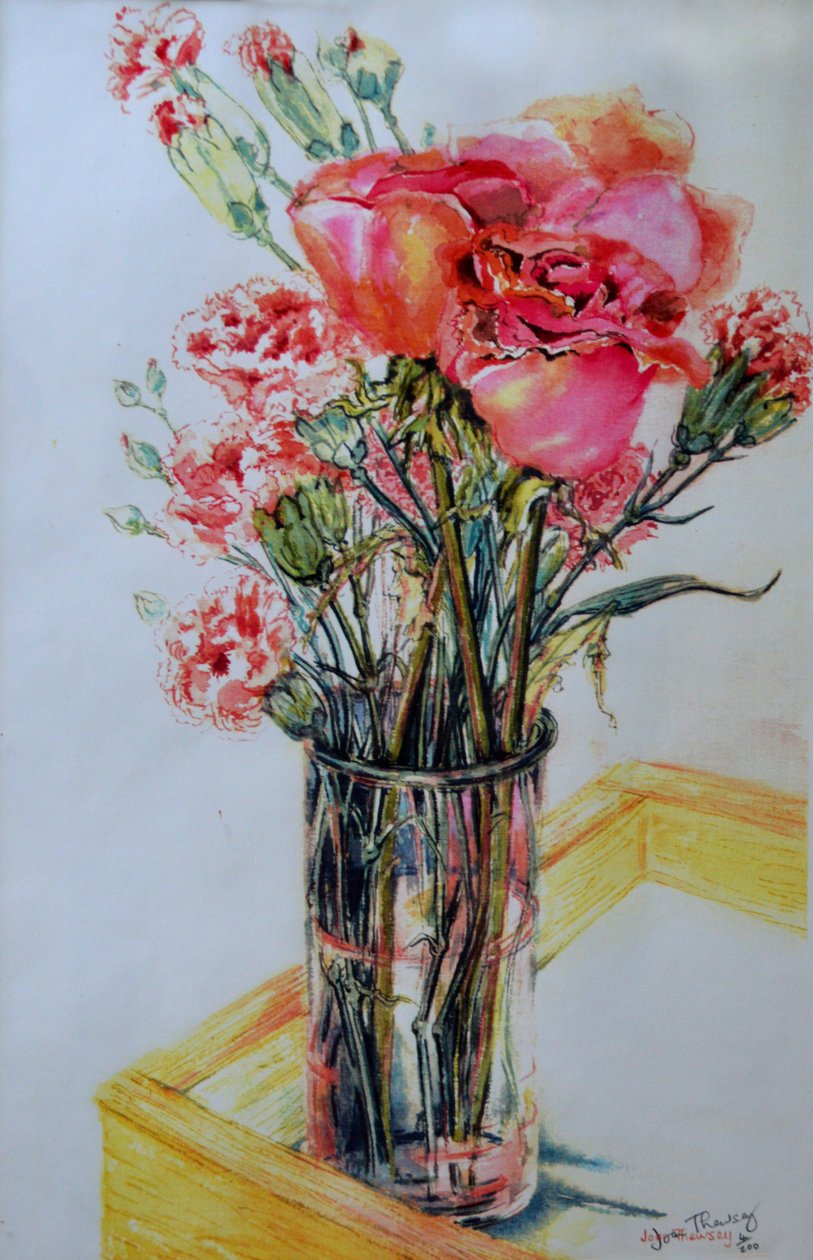 Rosa roser med hytterosa, 2010, av Joan Thewsey