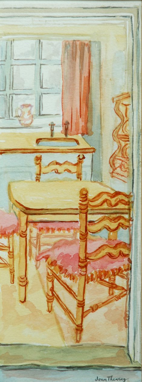 Red Cottage Kitchen, Suffolk, 2000, vannfarge på håndlaget papir av Joan Thewsey