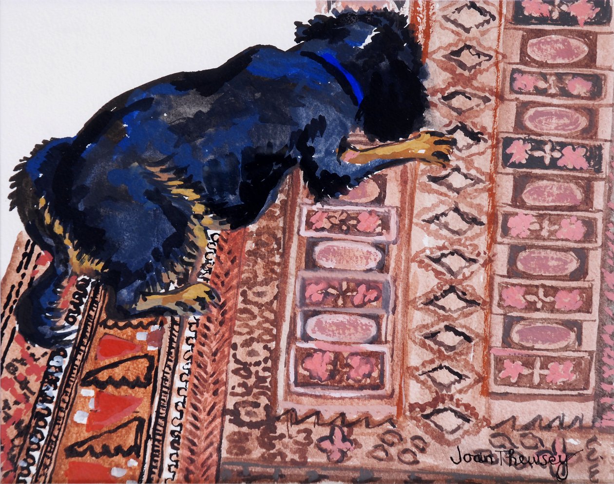 Saskia på et mønstret teppe, 2000, av Joan Thewsey