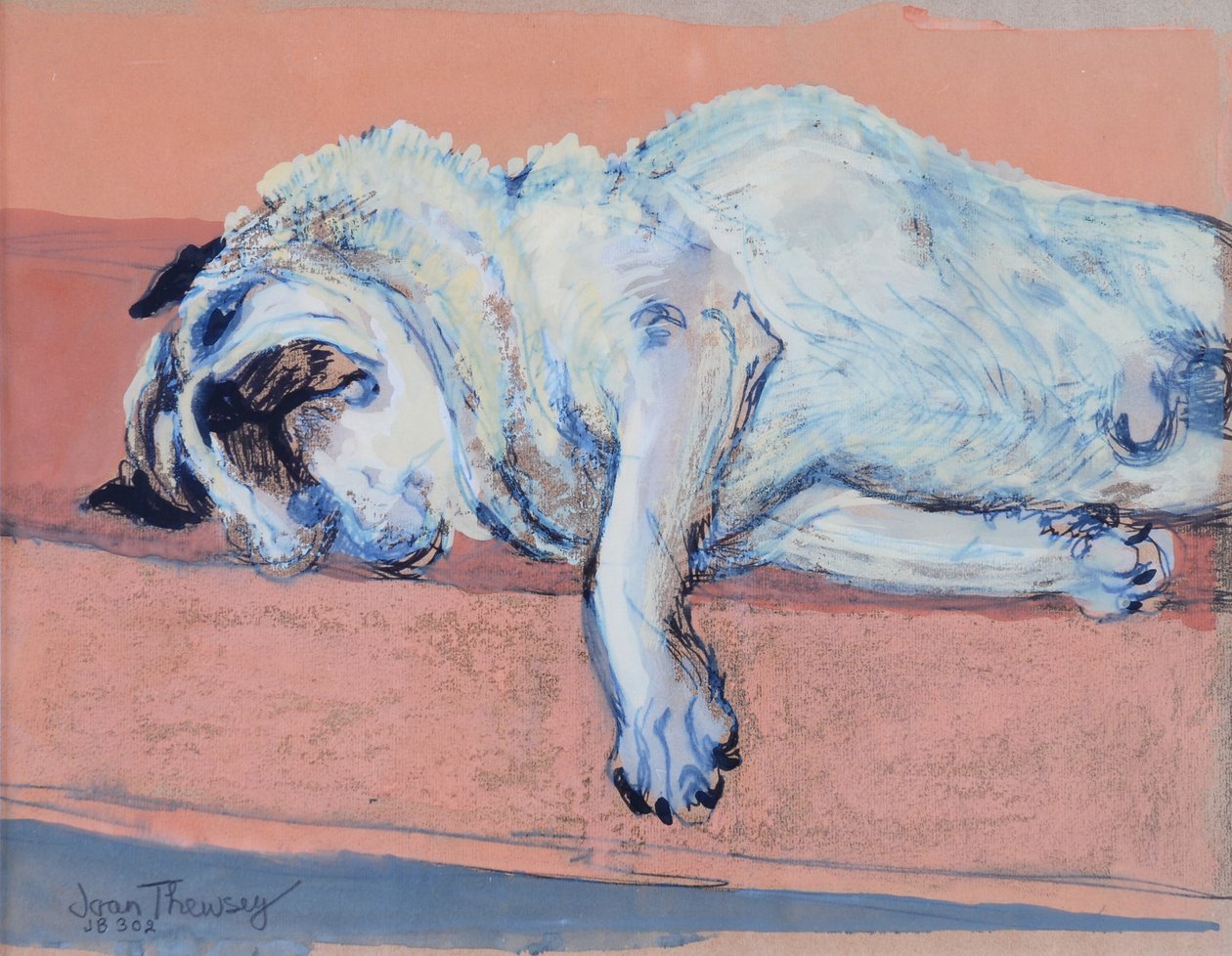 Sleeping Pug Two, 2000, (blekk og gouache) av Joan Thewsey