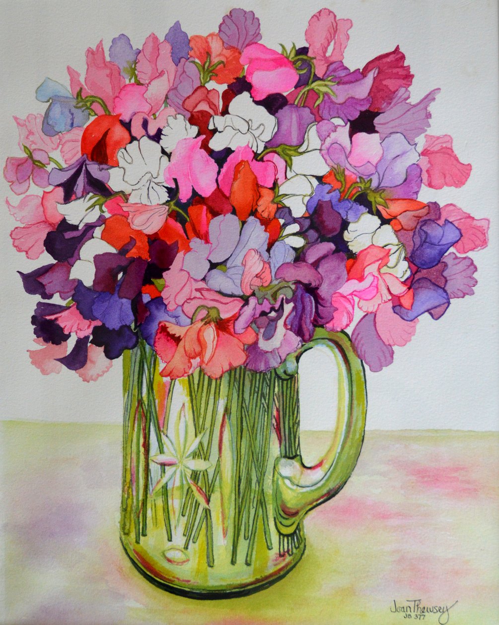 Søte erter i en glassmugge, 2011 av Joan Thewsey
