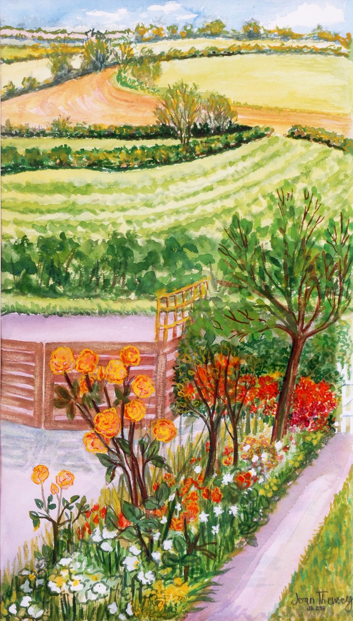 The Cottage Garden and view beyond,2000. av Joan Thewsey