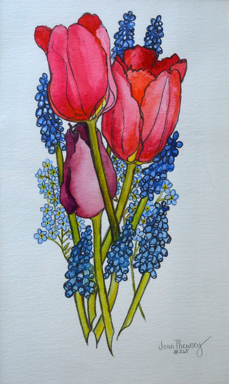 Tulipaner, Muscari og Forglemmegei, 2002, av Joan Thewsey