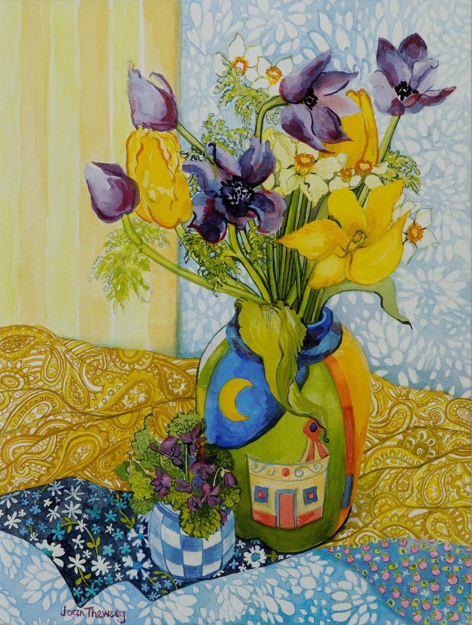 Tulipaner og anemoner med en gryte med fioler, 2010, akvarell av Joan Thewsey