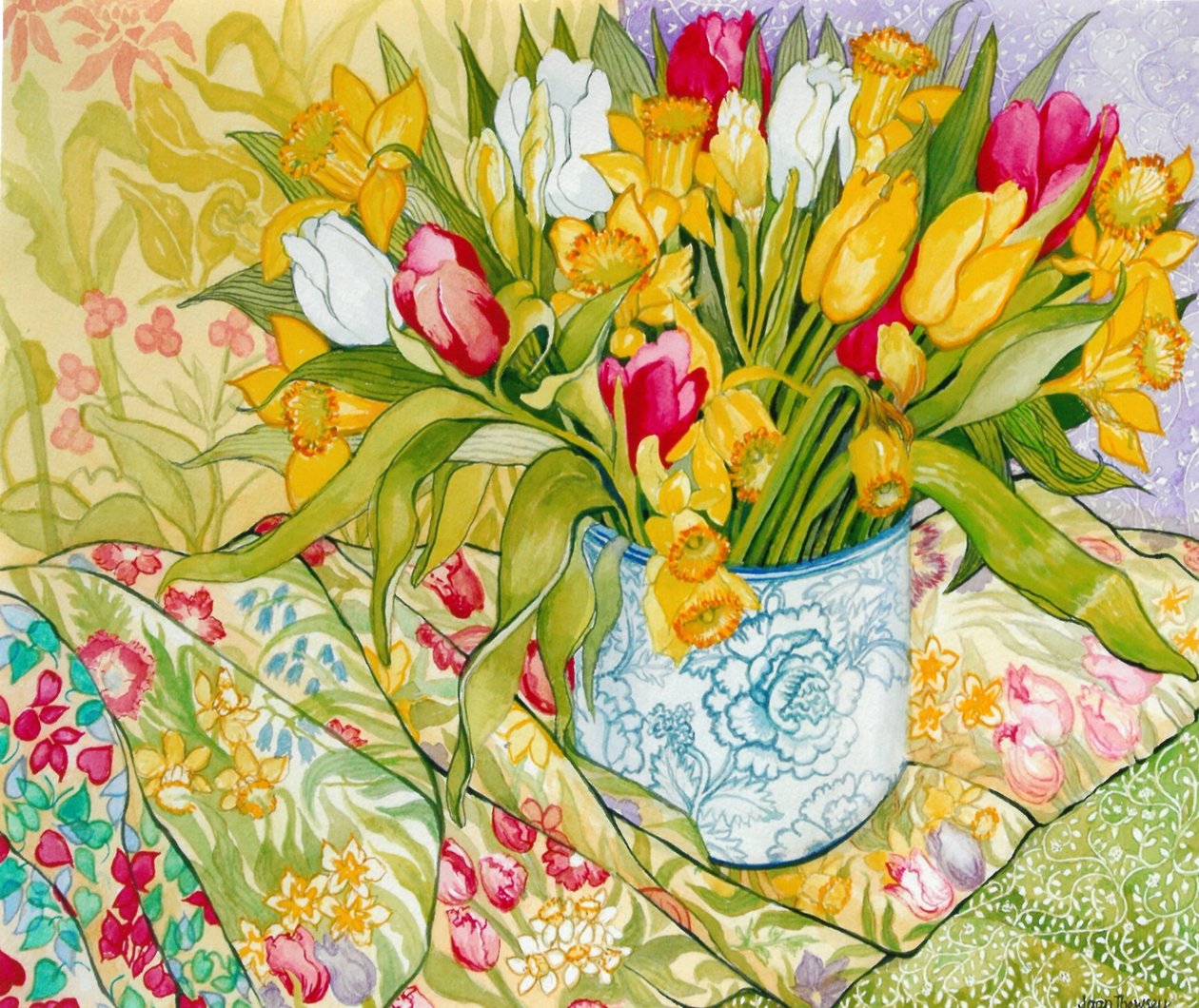 Tulipaner og påskeliljer med mønstrede tekstiler, 2000, (vannfarge) av Joan Thewsey