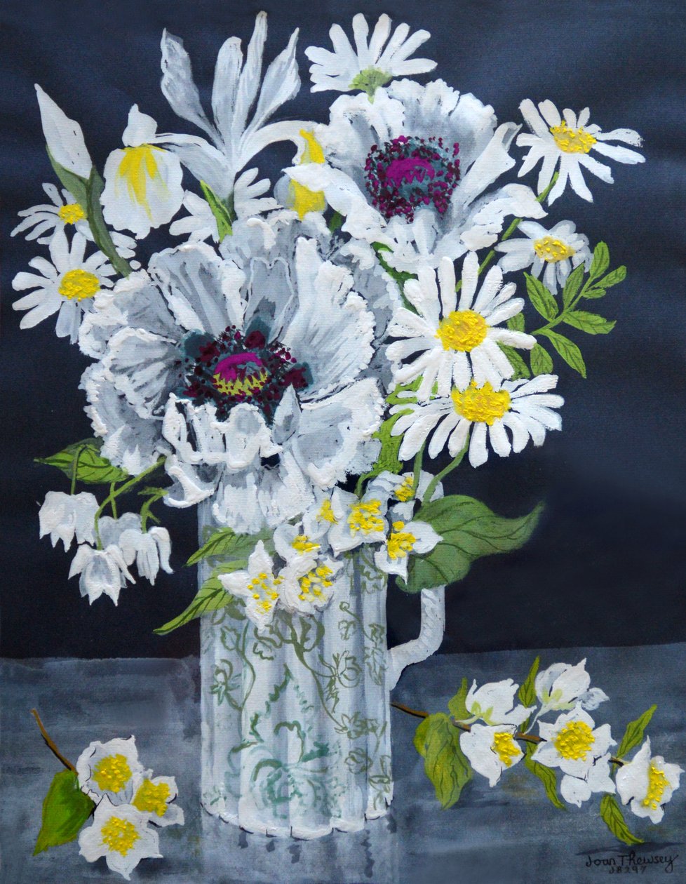 Hvite valmuer, Marguerites og Philadelphus, (gouache) av Joan Thewsey