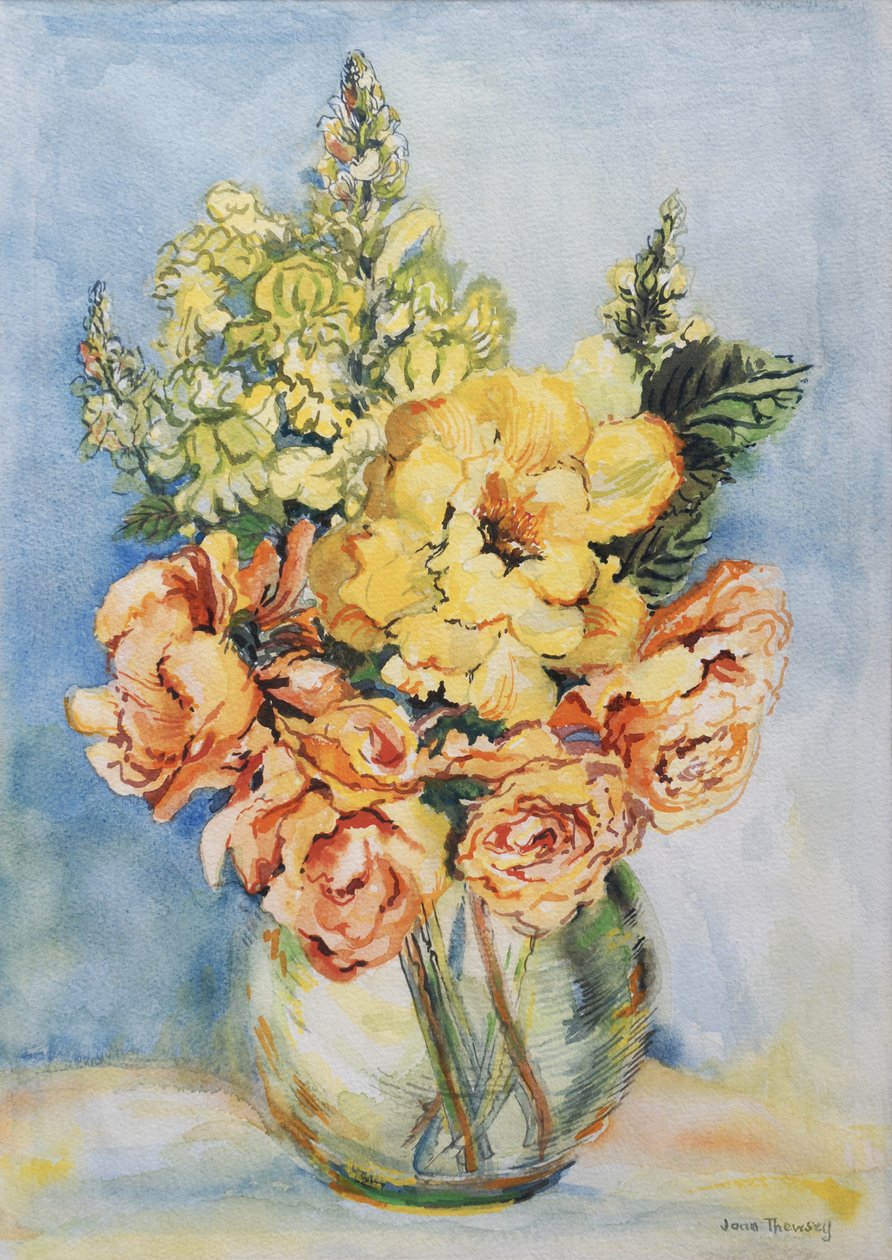 Yellow Roses and Antirrhinums, 2001, (wc på håndlaget papir) av Joan Thewsey