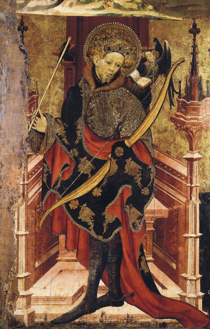 Den hellige Sebastian og korsfestelsen. ca. 1417-25 (tempera på tre) av Joan or Juan Mates