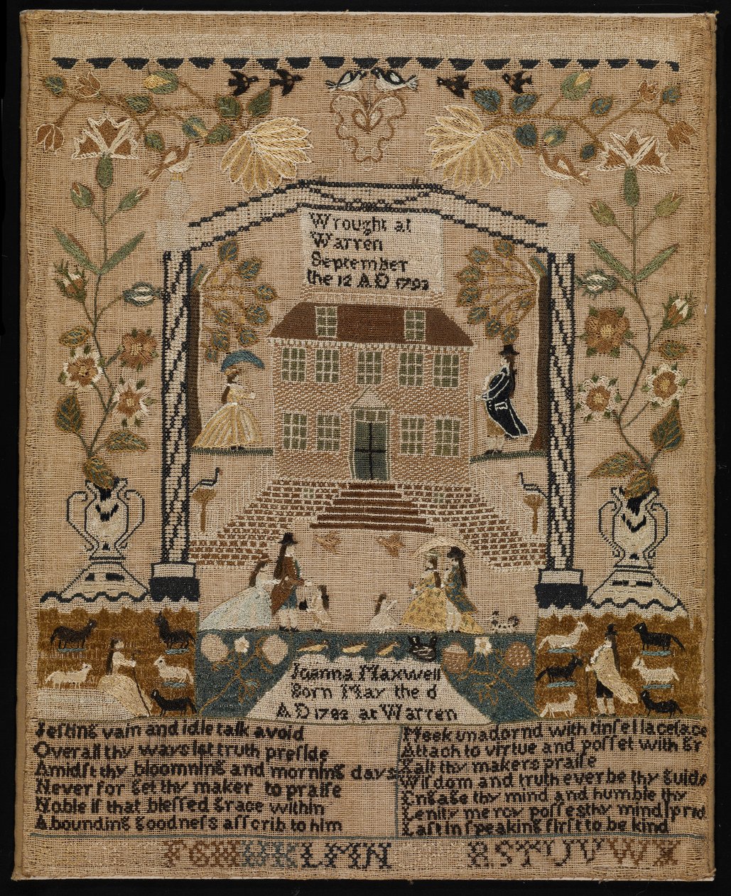 Prøvetaker, 1793 (silke på lin) av Joanna Maxwell