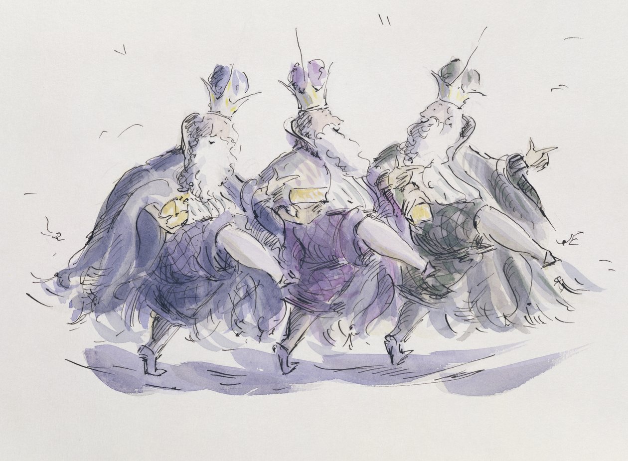 Three Kings Dancing a Jig (penn og blekk og wc på papir) av Joanna Logan