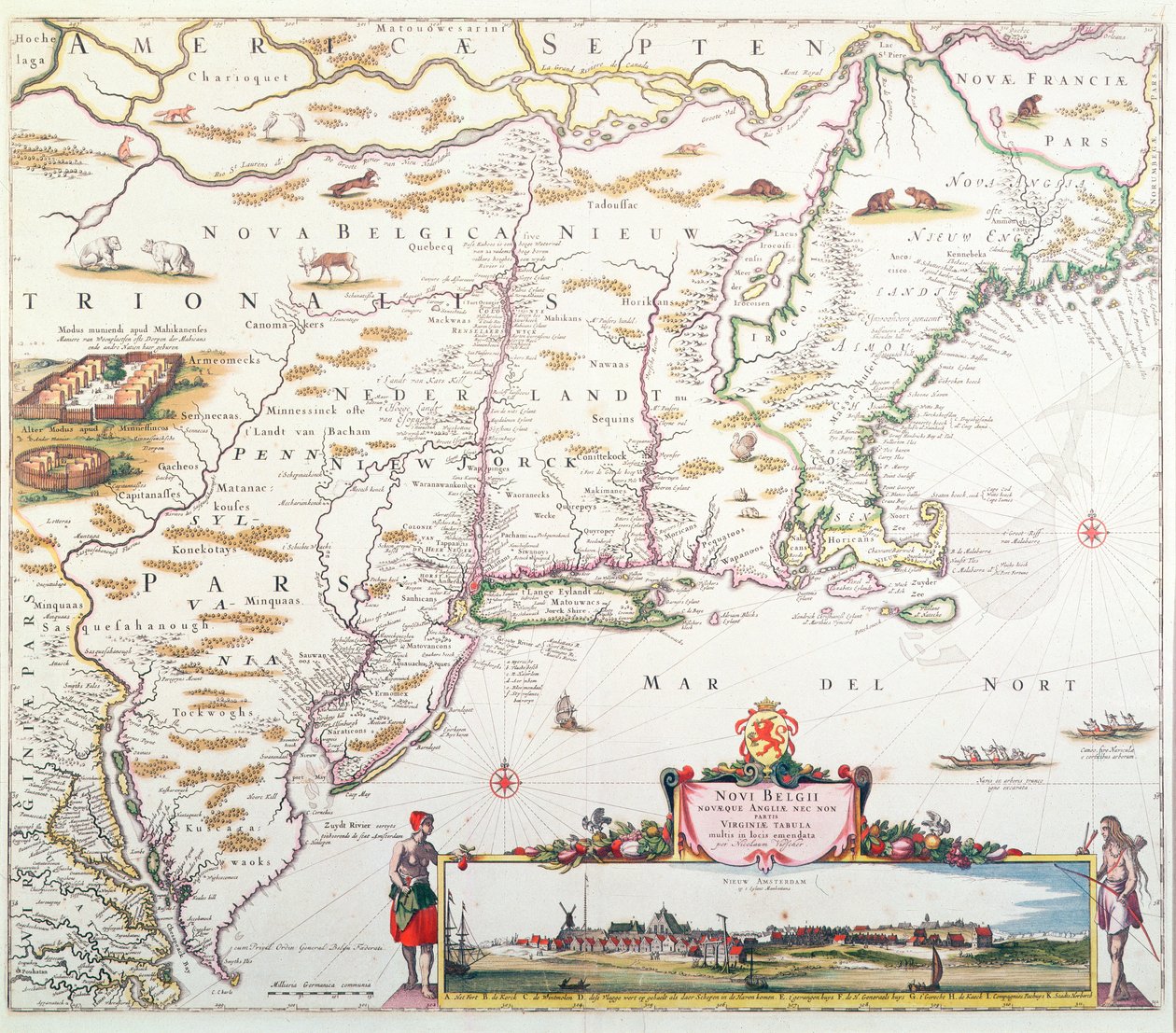 Kart over New Belgium med utsikt over New Amsterdam, satt sammen av Nicolaes Visscher (1618-1709) ca. 1651-55 (håndfarget gravering) av Joannes Jansson