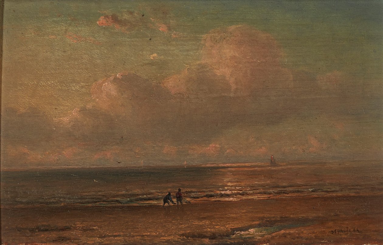 Figures By the Coast at Dusk (olje på panel) av Joannes Frederick Schutz