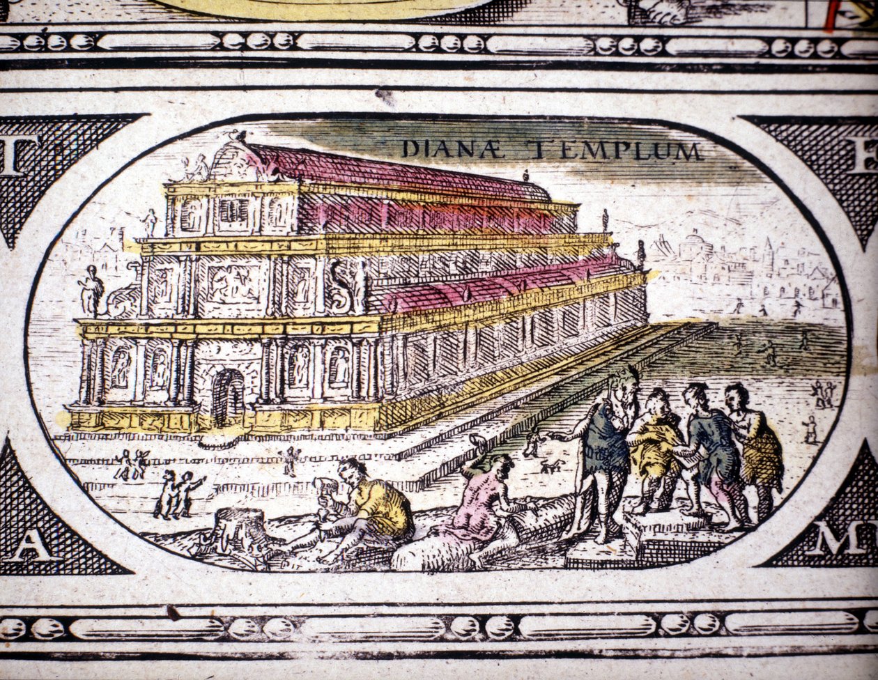 Representasjon av antikkens syv underverker: Diana-tempelet (Artemis) i Efesos. i Atlas of Jansson Jannsonius trykt i Amsterdam i 1630. Privat samling. av Joannes Jansson