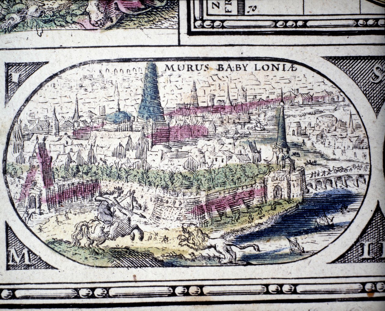 Representasjon av antikkens syv underverker: Babylons hager. i Atlas av Jansson Jannsonius trykt i Amsterdam i 1630 av Joannes Jansson
