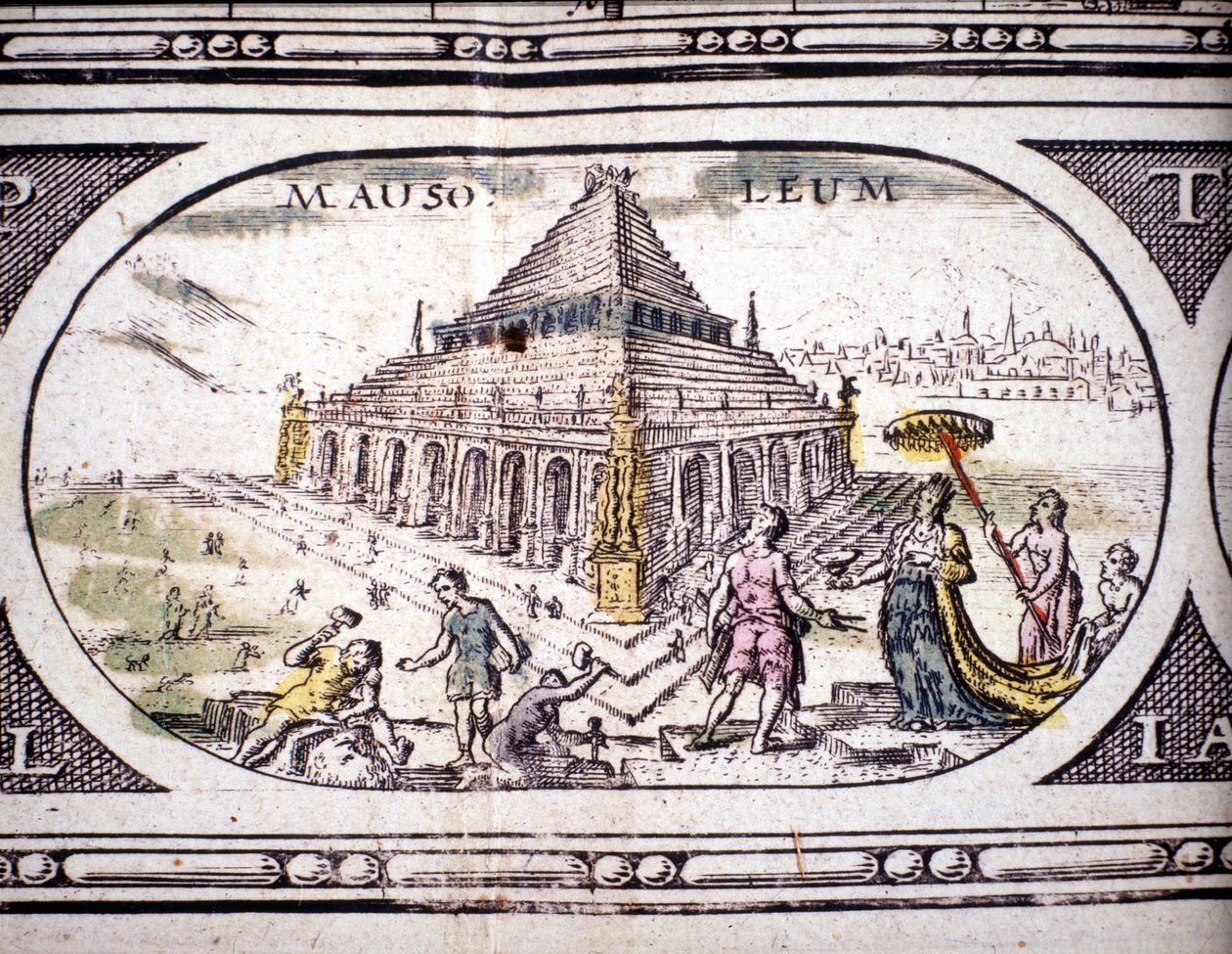 Representasjon av antikkens syv underverk: Mausoleet til Halikarnassus. i Atlas av Jansson Jannsonius trykt i Amsterdam i 1630. Privat samling. av Joannes Jansson