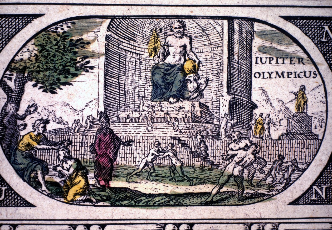 Representasjon av antikkens syv underverk: statuen av Jupiter (Zeus) av Phidias - i ""Atlasen"" av Jansson Jannsonius, trykt i Amsterdam i 1630 av Joannes Jansson
