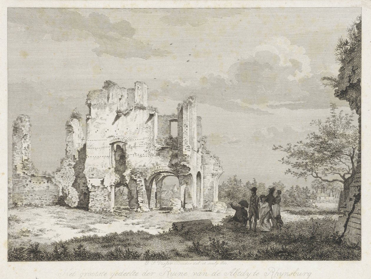 Selskap ved ruinene av klosteret i Rijnsburg De fleste av ruinene av Abtdy i Rhynsburg (tittel på objekt) av Joannes Pieter Visser Bender