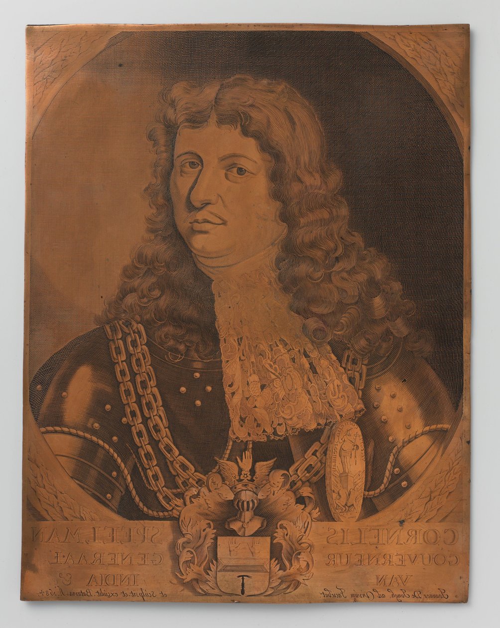Kobbergraveringsplate med portrett (bryststykke) av Cornelis Speelman 1640-1684, generalguvernør i Nederlandsk Øst-India 1681-1684 av Joannes de Jongh