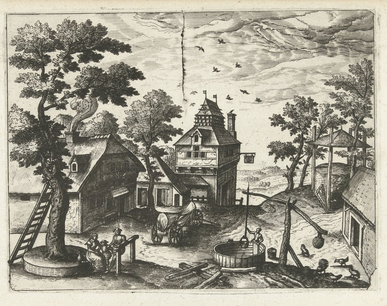 Vertshus med brønnlandskap, sjølandskap og fantasifulle bylandskap (serietittel) av Joannes van Doetechum (I) (attributed to)