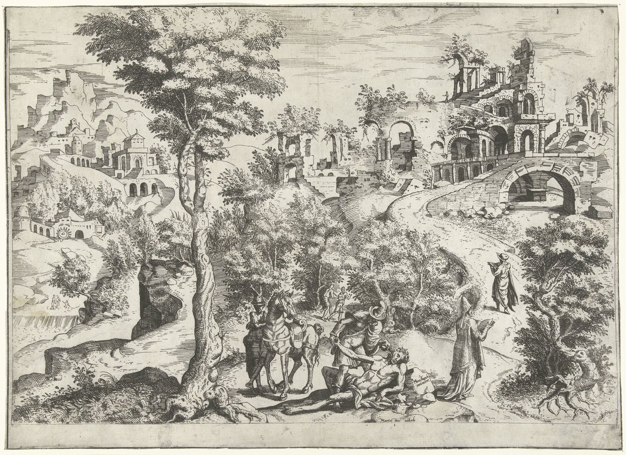Landskap med den barmhjertige samaritan av Joannes van Doetechum (I) (attributed to)