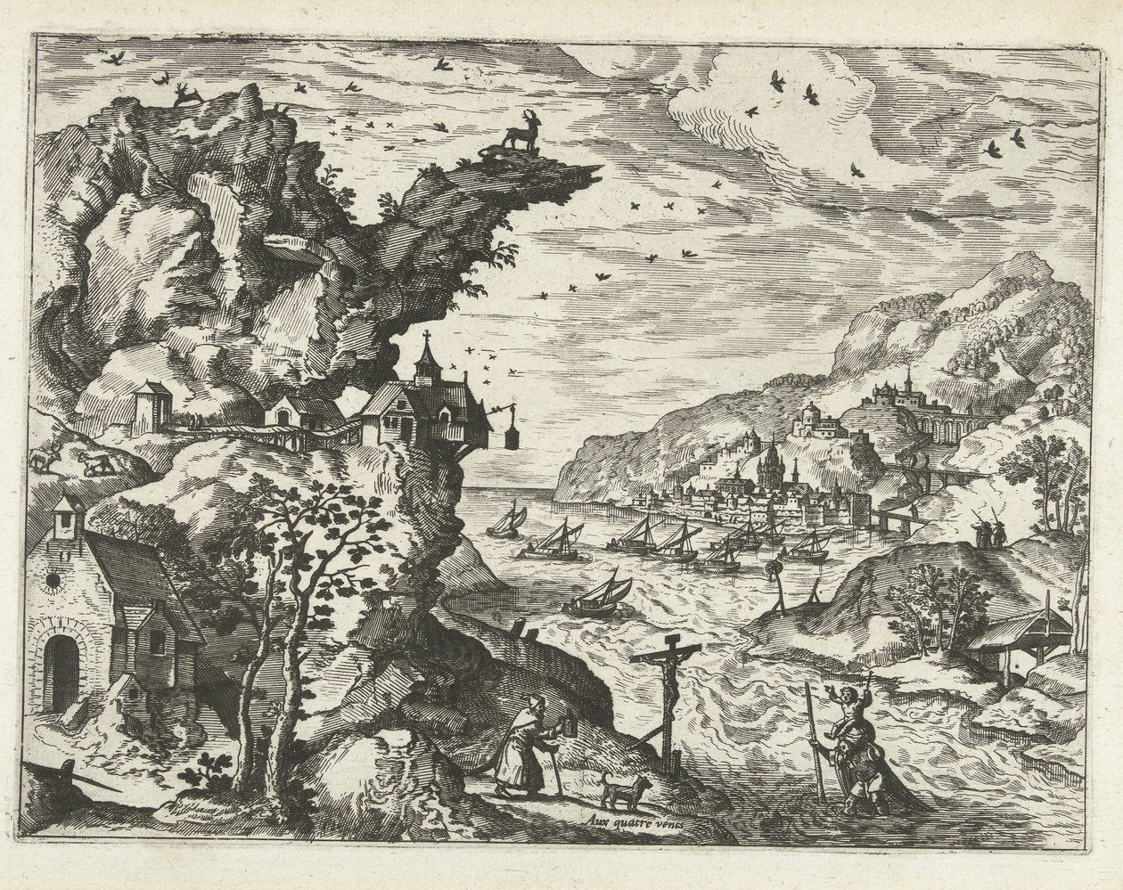 Landskap med Saint Christopher Landskap, sjølandskap og fantasifulle bylandskap (serietittel) av Joannes van Doetechum (I) (attributed to)