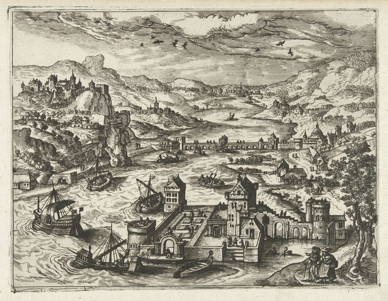 Elvelandskap med vollgrav Landskap, sjølandskap og fantasifulle bylandskap (serietittel) av Joannes van Doetechum (I) (attributed to)