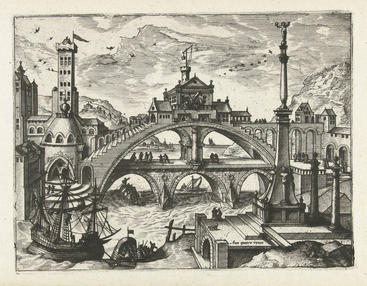 By med bygget bro Landskap, sjølandskap og fantasifulle bylandskap (serietittel) av Joannes van Doetechum (I) (attributed to)