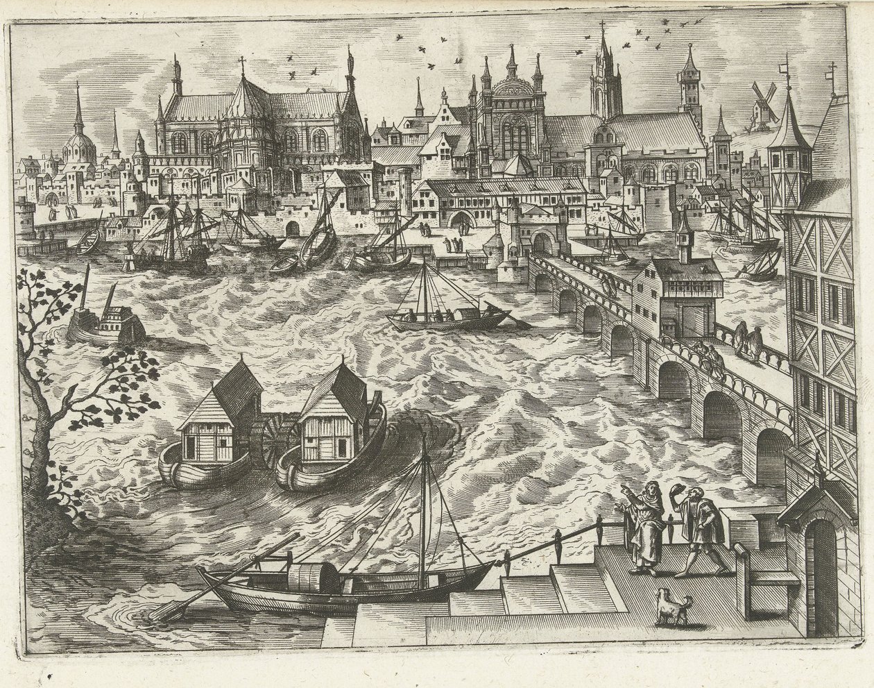 Bybilde med bro og havn Landskap, sjølandskap og fantasifulle bylandskap (serietittel) av Joannes van Doetechum (I) (attributed to)