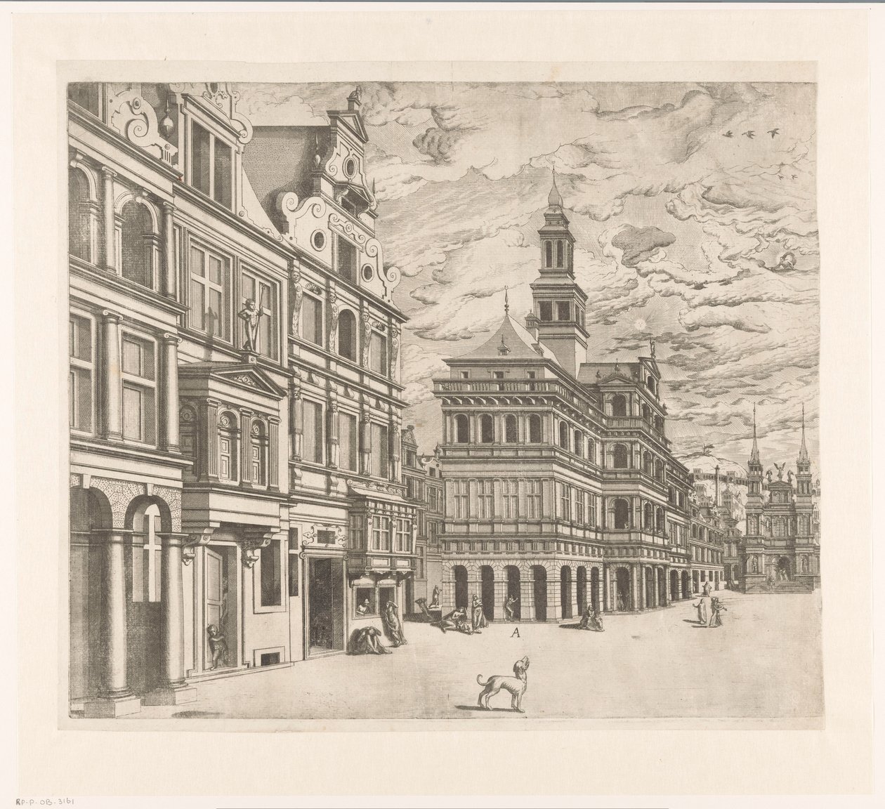 Utsikt over et torg med monumentale bygninger av Joannes van Doetechum (I)