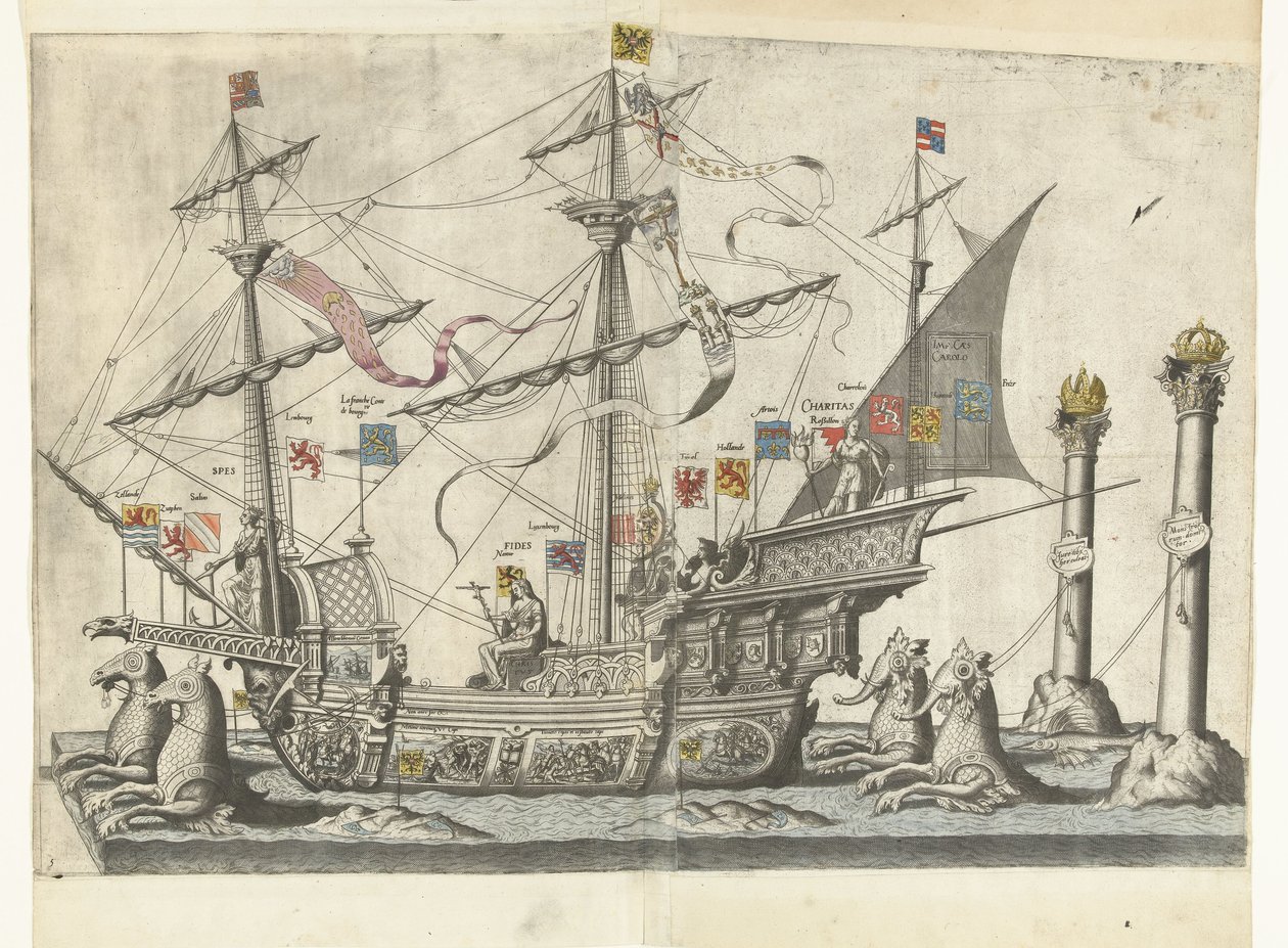 Het schip Victoria, nr. 5 Begrafenisoptocht van keizer Karel V, 1558 (serietittel) Den storslåtte og overdådige begravelsespumpen, fremført ved begravelsen og begravelsen til den meget store og meget seirende keiser Charles Fifth, feiret i byen Brussel av Joannes van Doetechum (I)