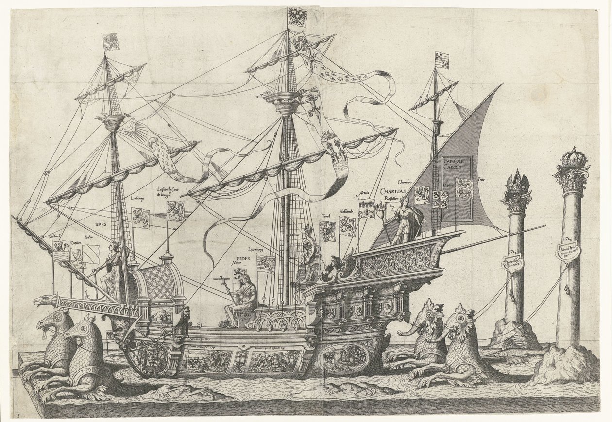 Skipet Victoria, nr. 5 Begravelsesprosesjon til keiser Charles V, 1558 (serietittel) av Joannes van Doetechum (I)
