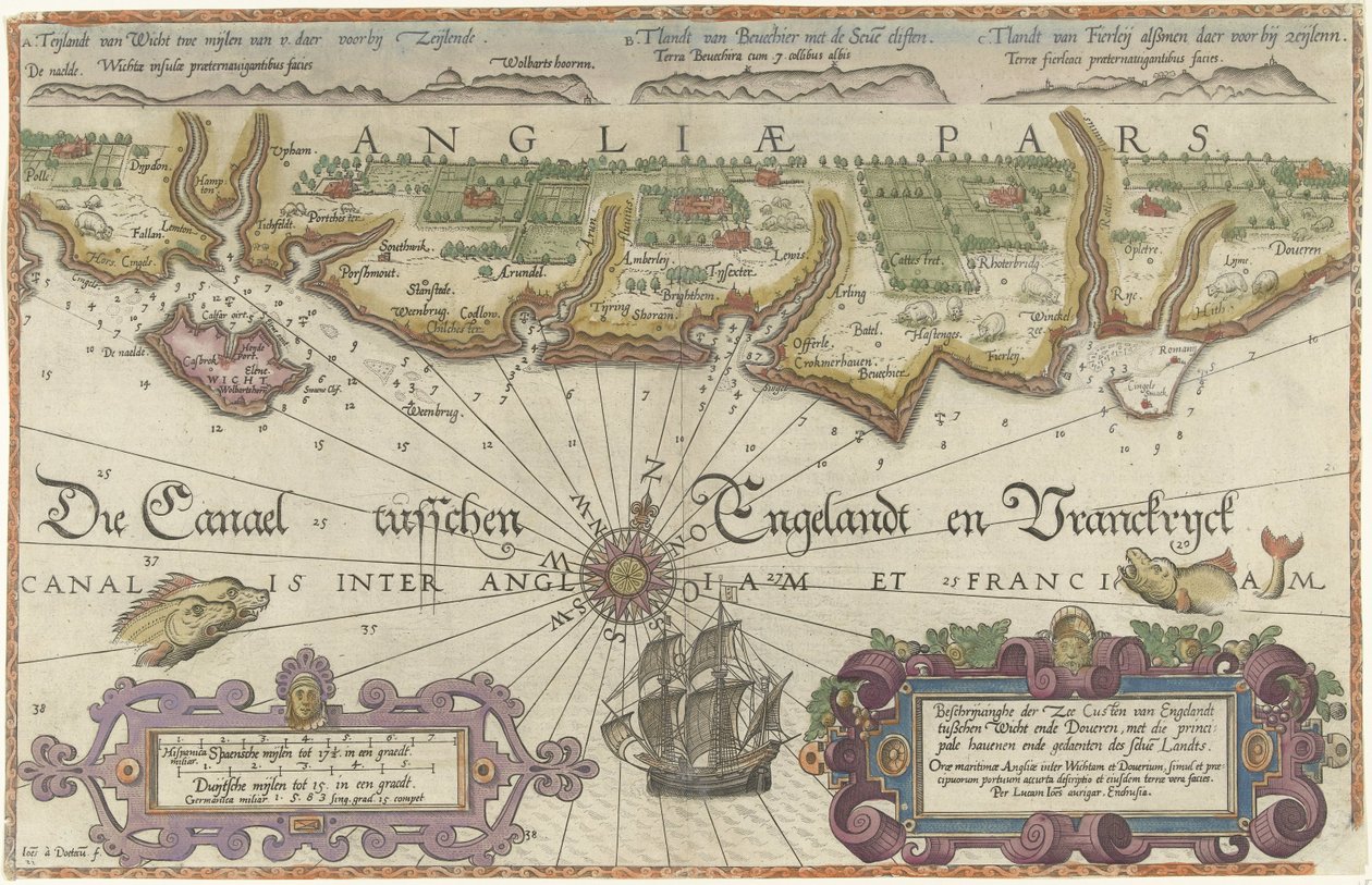 Kart over den engelske kysten mellom Isle of Wight og Dover Beskrivelsehe der zee Custen van Englandt tuschen Wicht ende Doueren (...) (tittel på objekt) av Joannes van Doetechum (I)