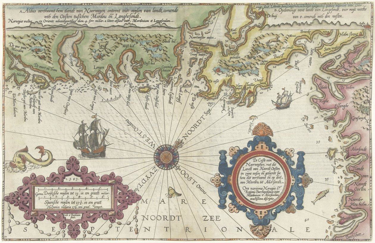 Kart over kysten av Norge og Sverige mellom Merdøy og Uddevalla Custe van Noorweghen, med det lander fra nord til øst i sin vest og formen (...) (tittel på objekt) av Joannes van Doetechum (I)