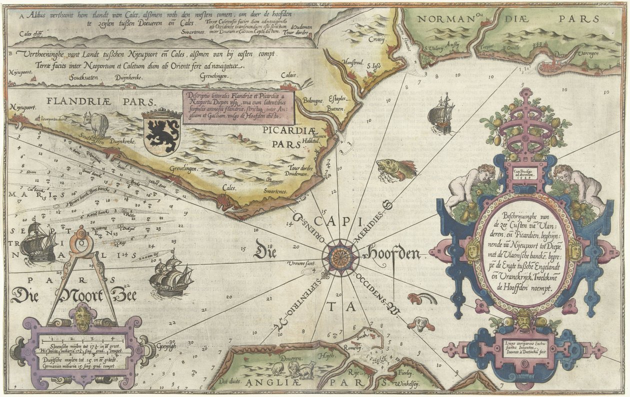 Kart over kysten av Flandern, Normandie og England Beskrivelse av havet Custen van Vlanderen ende Picardien (...) (tittel på objekt) av Joannes van Doetechum (I)
