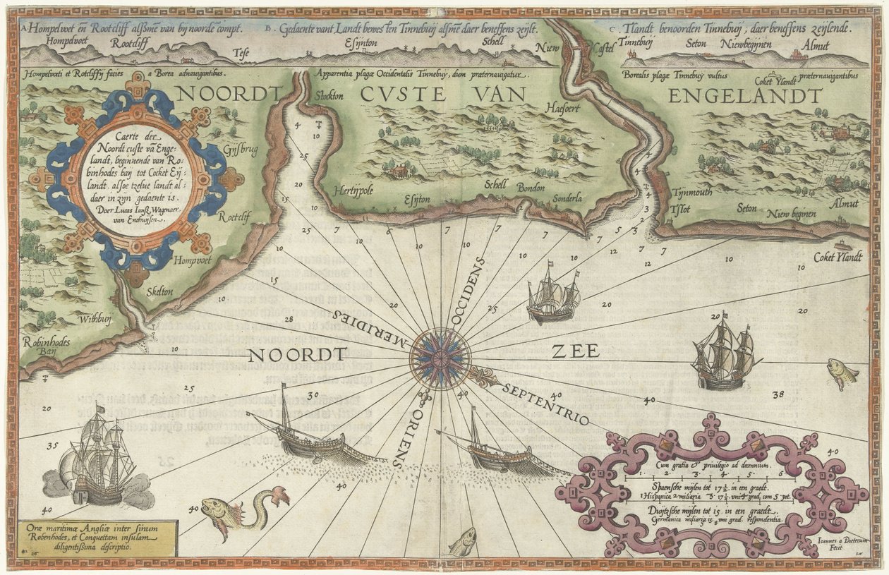 Kart over nordkysten av England ved Newcastle upon Tyne Caerte der Noordt custe van Englandt, med start fra Robinhodes baij til Cocket Eijlandt (...) (tittel på objekt) av Joannes van Doetechum (I)