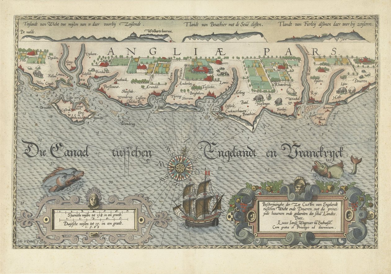 Kart over Sør-England-kysten mellom Isle of Wight og Dover av Joannes van Doetecum