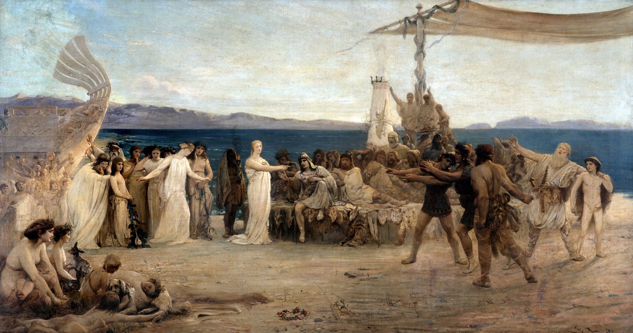 Stiftelsen av Marseille i 600 f.Kr. - The Weddings of Protis and Gyptis (olje på lerret) av Joanny Rave