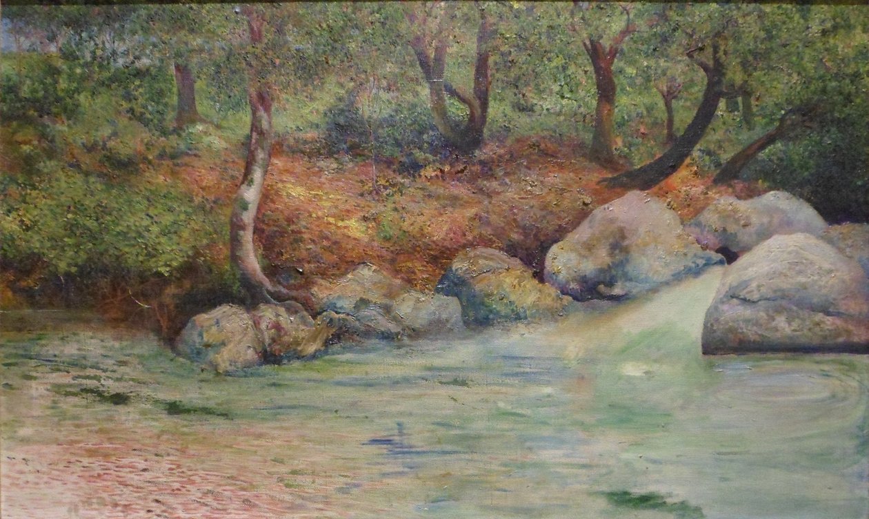 Paisaje con bosque y rio English: Landskap med skog og elv av Joaquín Clausell