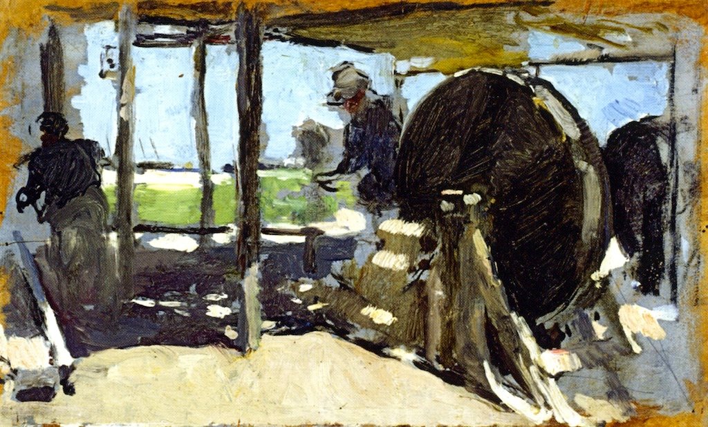 Rope Makers, Valencia sketchnSpanish: Cordeleros, Valencia cartoonDeutsch: Reeper Seiler in Valencia Skizzen av Joaquín Sorolla