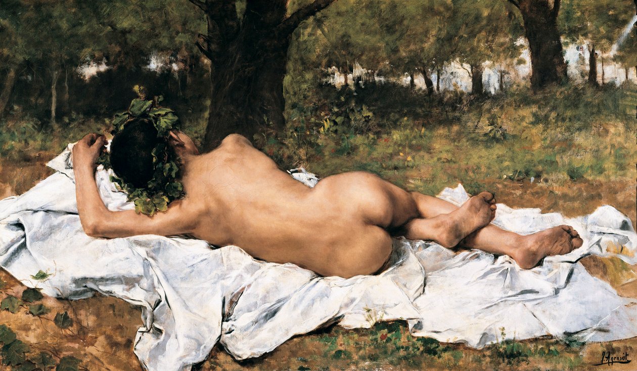 "" Ung Bacchus "" Bacchus fra ryggen forlenges på et laken i gresset. Maleri av Joaquin Agrasot y Juan (1836-1919) Rundt 1872 Valencia. Museum of Bellas Artes San Pio V. av Joaquin Agrasot y Juan