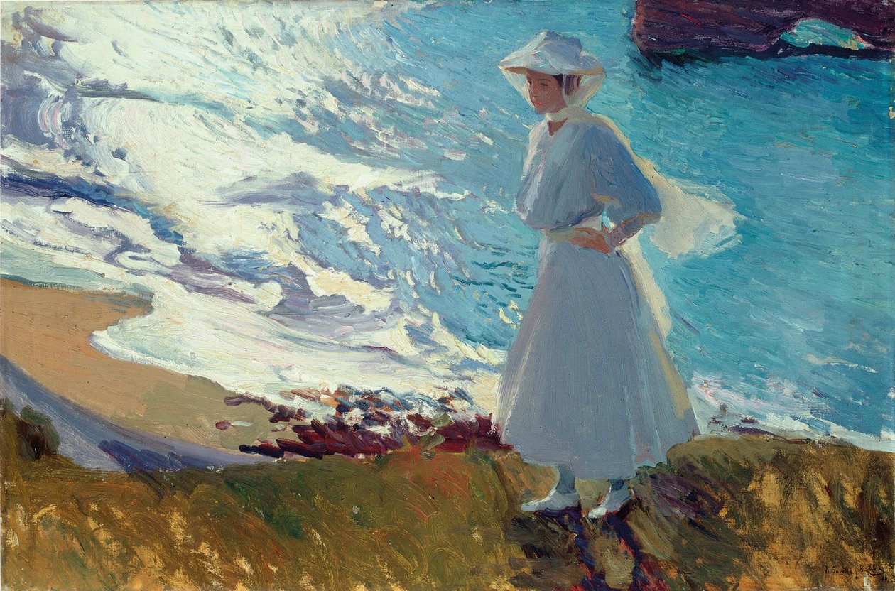 María på stranden i Biarritz eller Motlys av Joaquín Sorolla