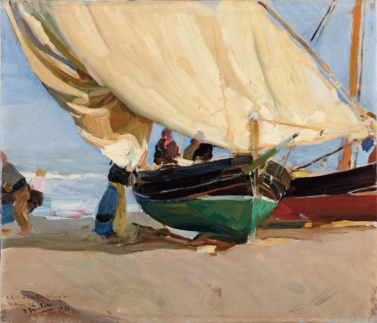 Fiskere, strandede båter, Valencia; Fiskere, strandbåter, Valencia, av Joaquín Sorolla