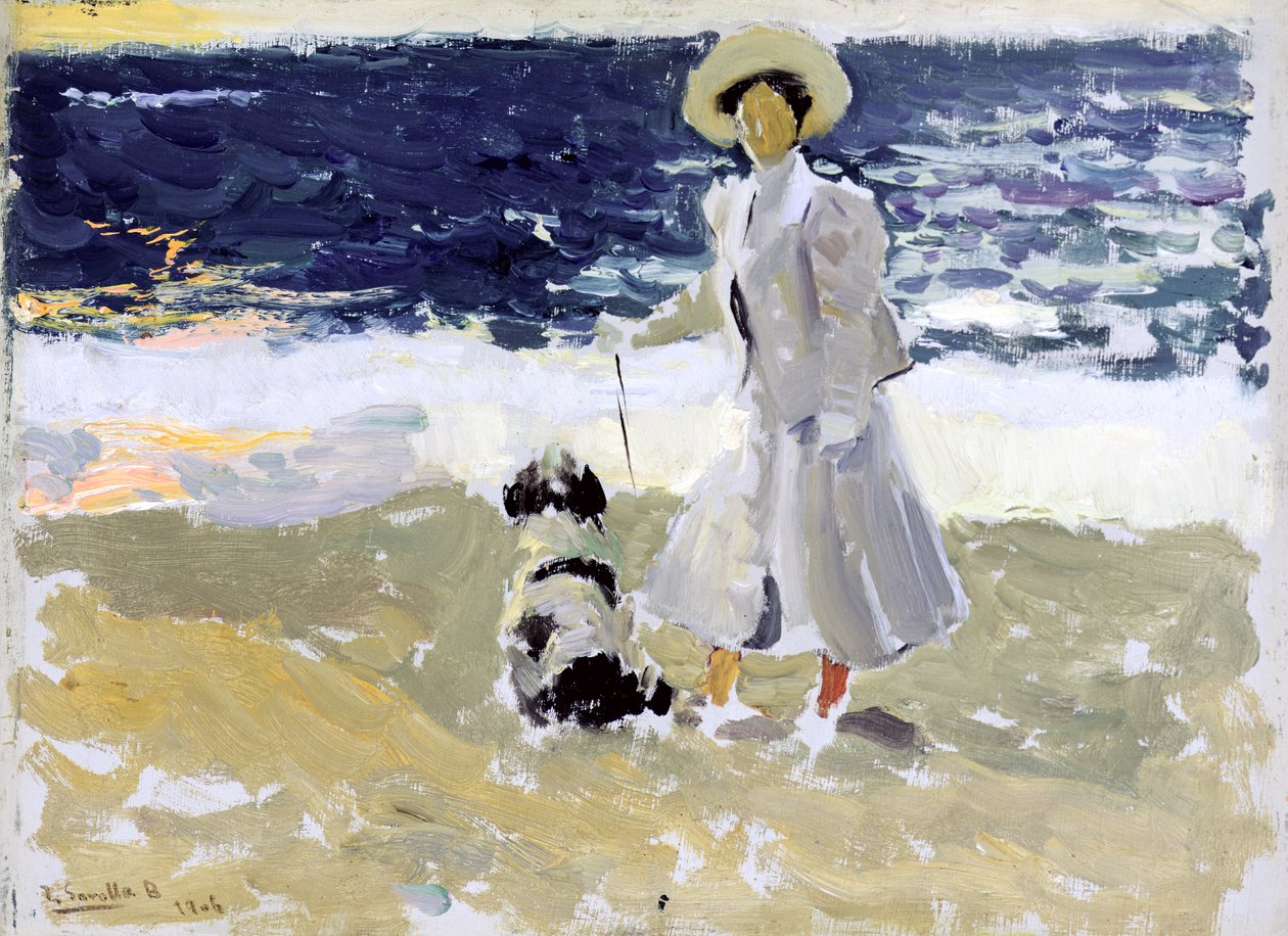 Dame og hund på stranden av Joaquín Sorolla