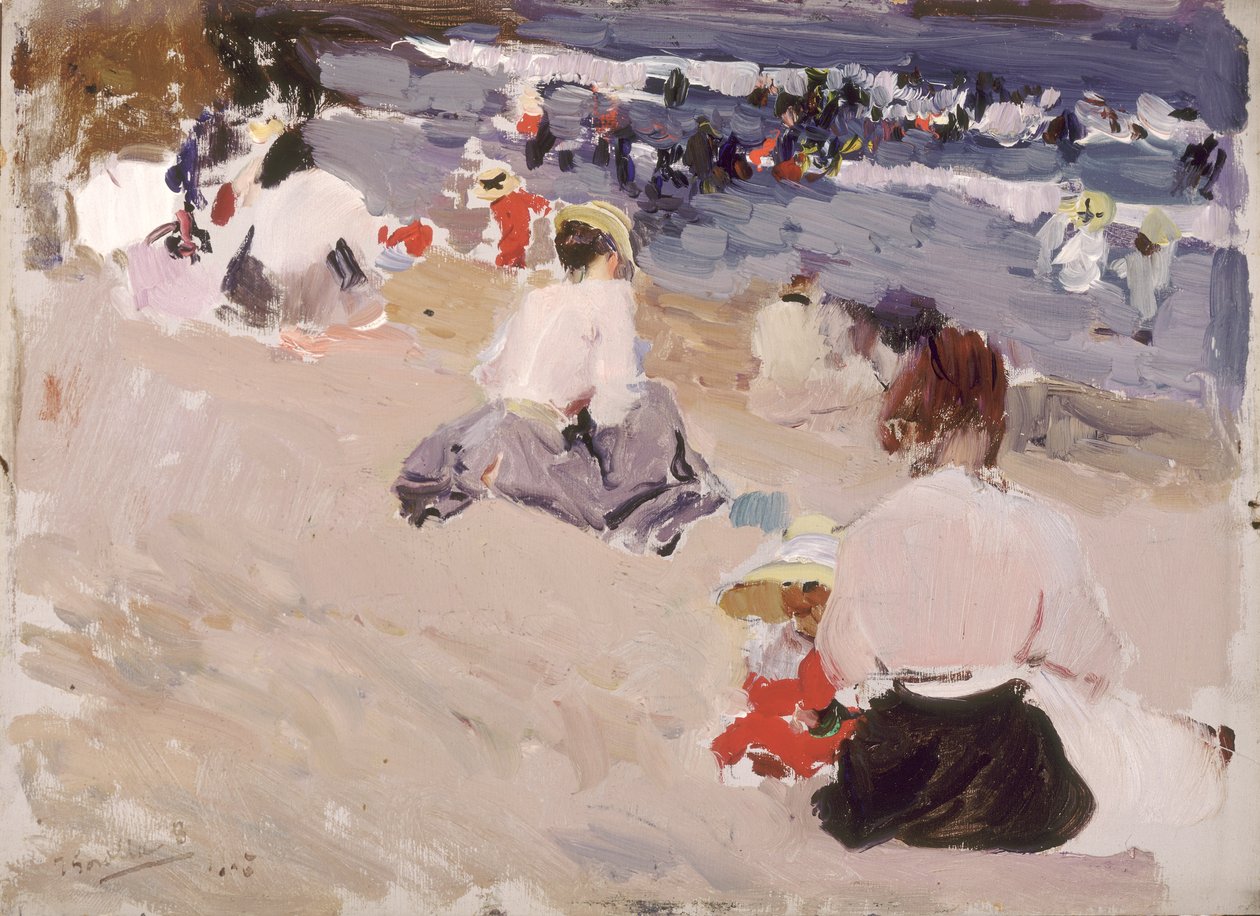 Folk som sitter på stranden av Joaquín Sorolla