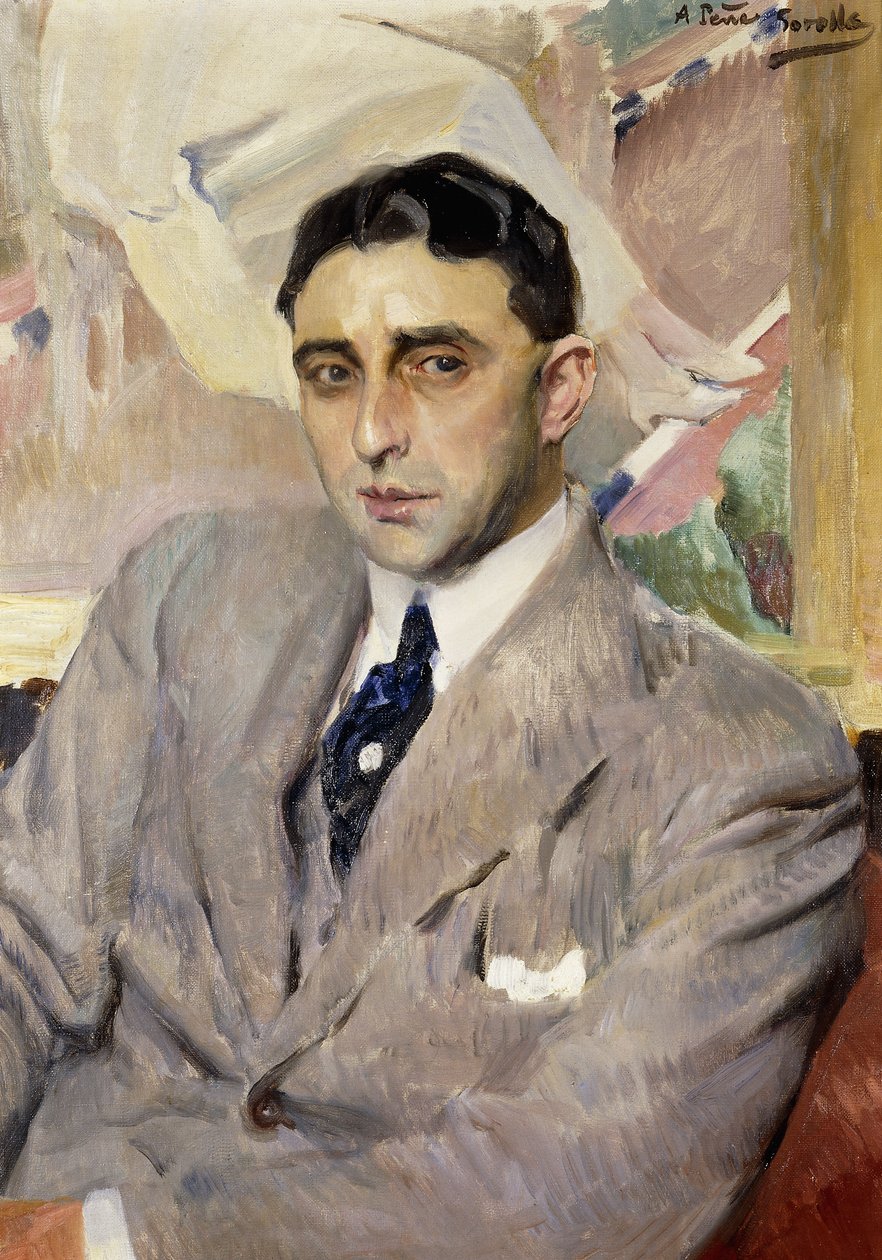 Portrett av skuespilleren, Ramon Pena, halvlang, iført en grå dress, av Joaquín Sorolla