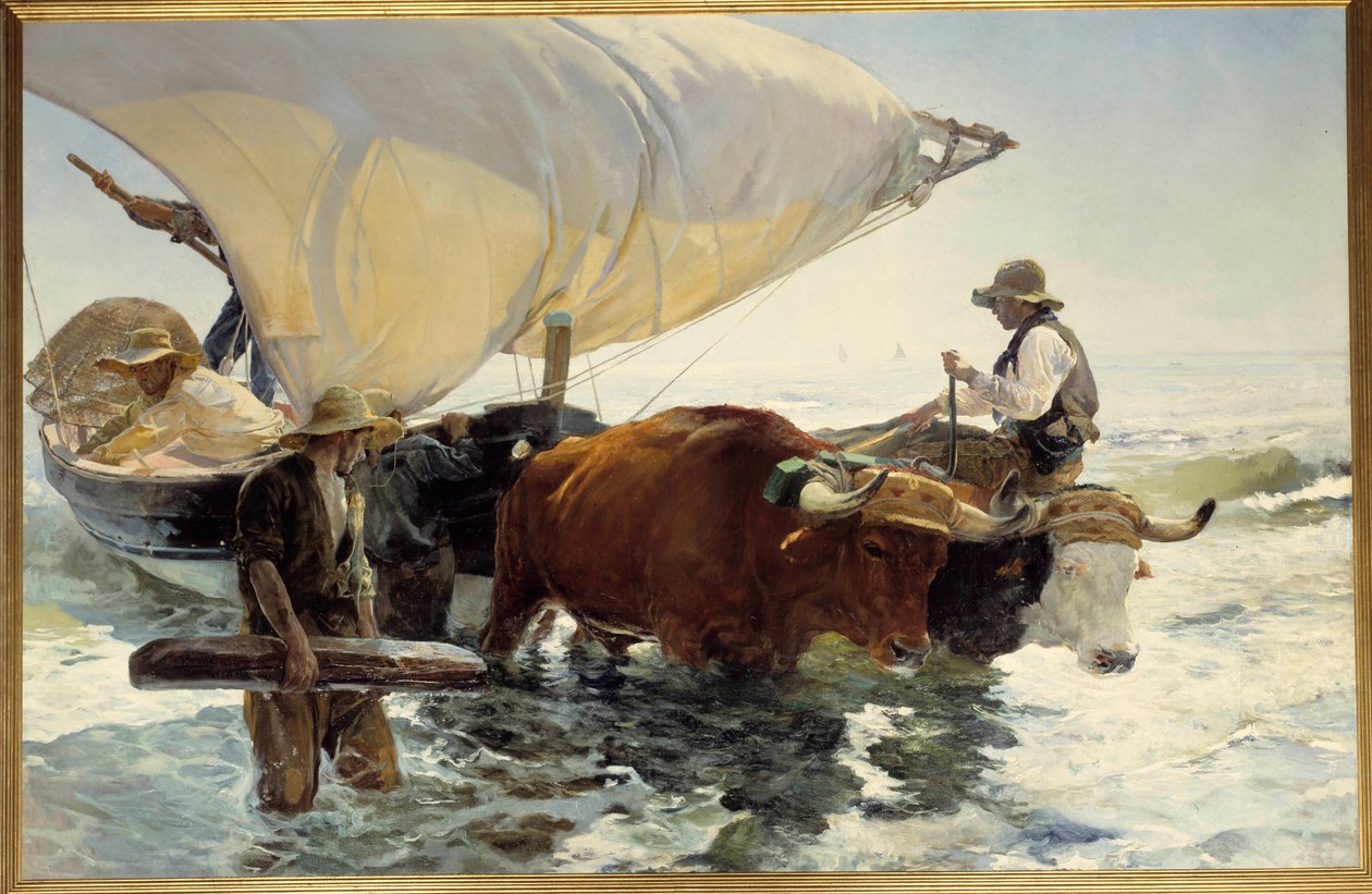 Tilbake fra fiske, tauing av båten Maleri av Joaquin Sorolla y Bastida (1863-1923) Søn. 2,6x3,2 m. Paris fra 1800-tallet, musee d