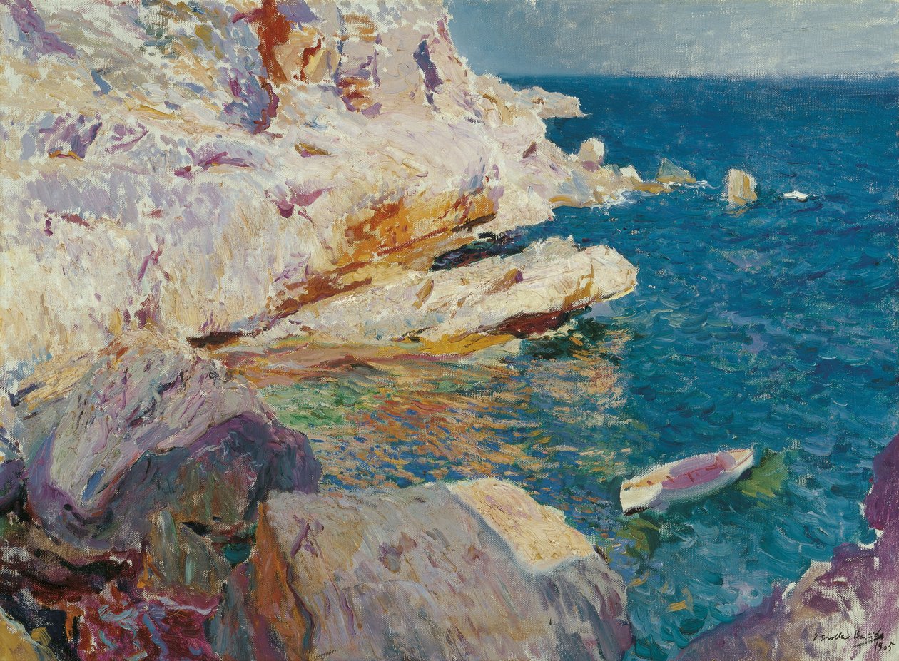 Rock at Javea - Sorolla y Bastida, Joaquin (1863-1923) - 1905 - Oil on canvas - 62,5x84,7 - Museo Carmen Thyssen, Malaga   1323100   no       norwegian Successfully Translated  Original: Wandtapijt met vier musicerende vrouwen in landschap Tapisserie ou co av Joaquin Sorolla y Bastida